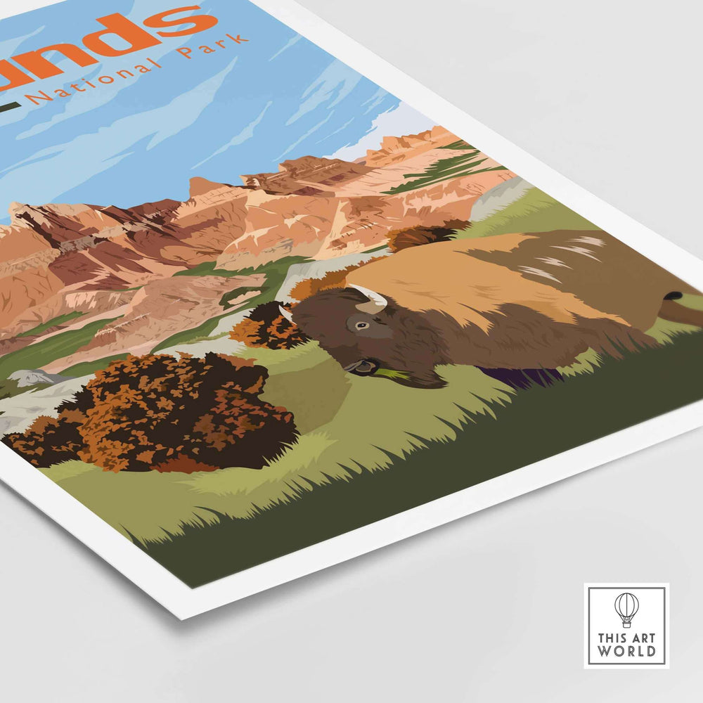 Badlands National Park poster featuring bison and colorful landscapes, capturing outdoor wanderlust and vintage style.