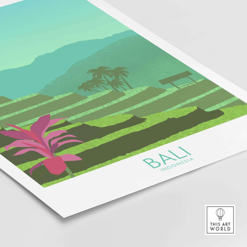 Bali Print wall art featuring green rice terraces and tropical plants, perfect for travel-inspired decoration.