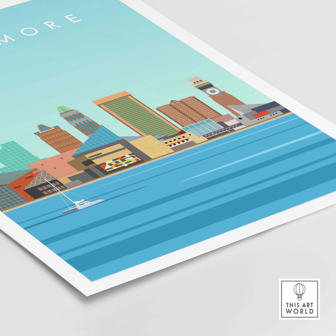 Baltimore Maryland Print featuring a minimalist skyline and waterfront in vibrant colors.