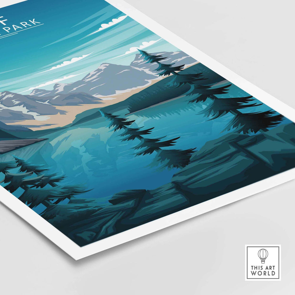 Banff Print featuring tranquil lake and mountains, inspired by Canada National Park minimalist art.