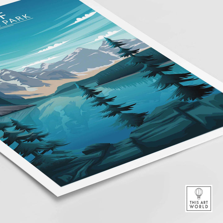Banff Print featuring tranquil lake and mountains, inspired by Canada National Park minimalist art.