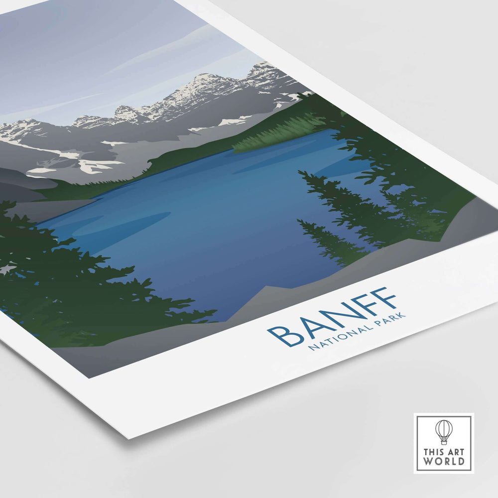 Minimalist Banff National Park art print featuring a serene lake and mountains, perfect for nature lovers.