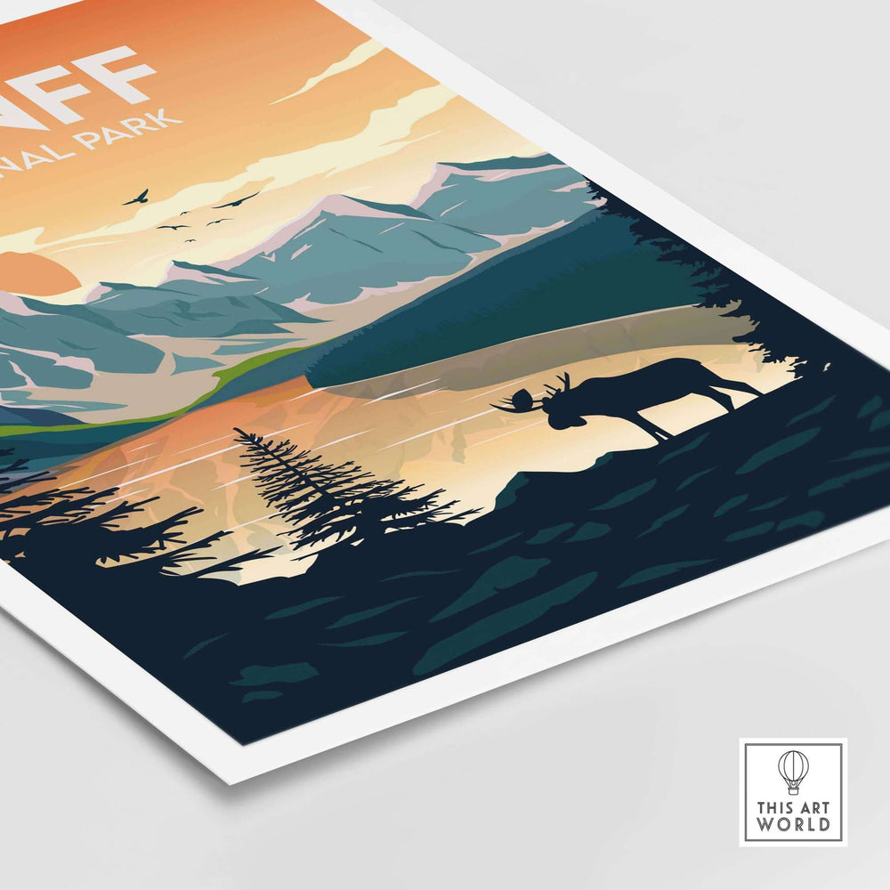 Banff National Park poster design featuring mountains, lake, and moose silhouette in a minimalist style.