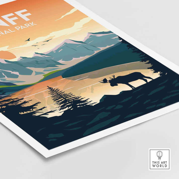 Banff National Park poster design featuring mountains, lake, and moose silhouette in a minimalist style.