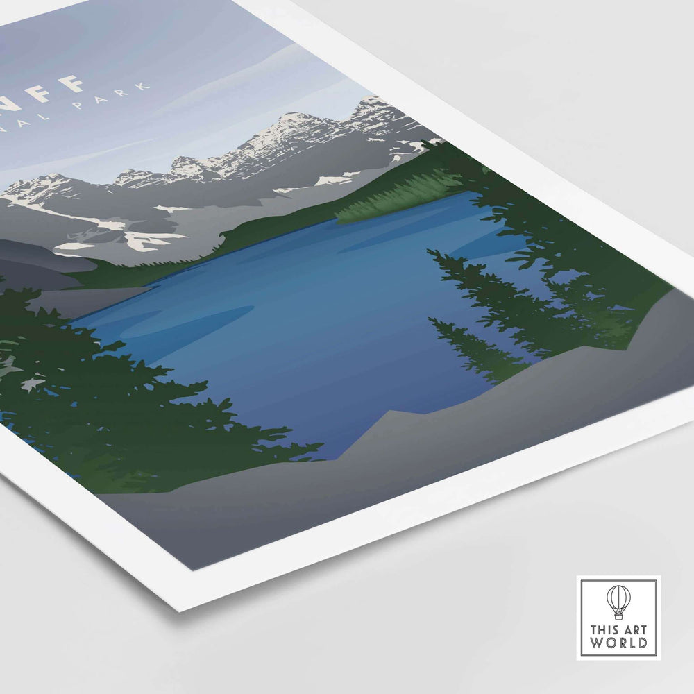 Minimalist art print of Banff National Park featuring mountains and a lake, perfect for travel enthusiasts.