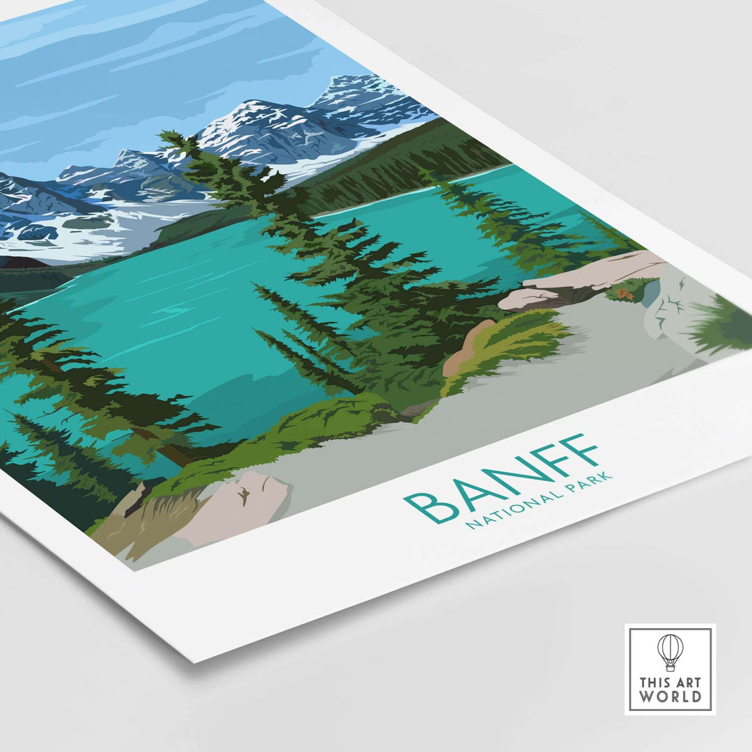 Banff National Park vintage poster print showcasing turquoise waters and mountains, ideal for wall art decor.