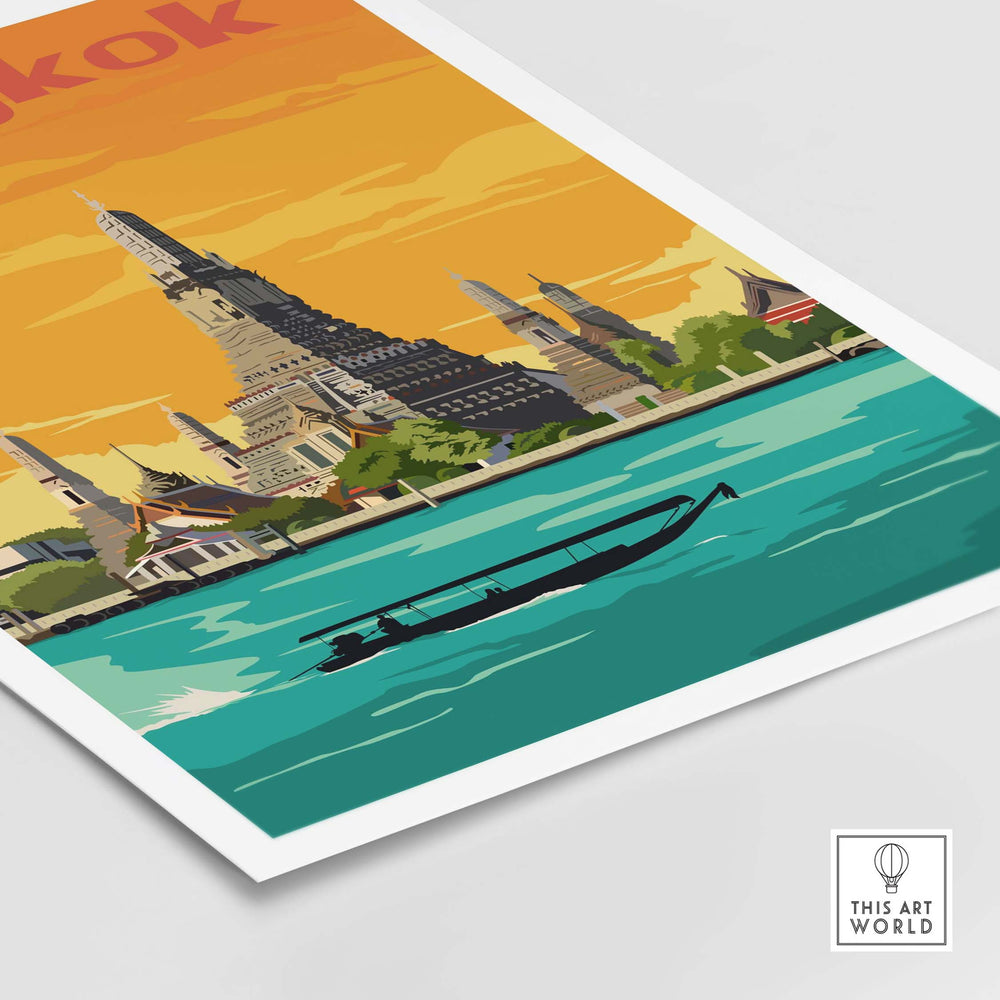 Vintage Bangkok print poster featuring a scenic boat on the river and iconic landmarks in warm colors.