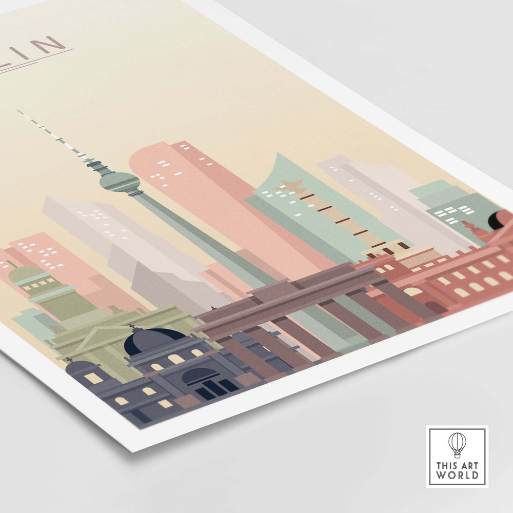 Berlin city skyline wall art print showcasing iconic buildings in warm pastel tones.