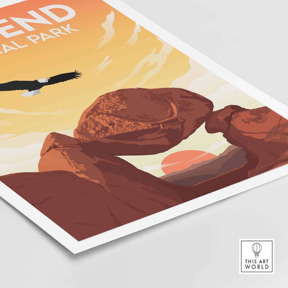 Big Bend National Park poster featuring minimalist art of rock formations and an eagle at sunset.