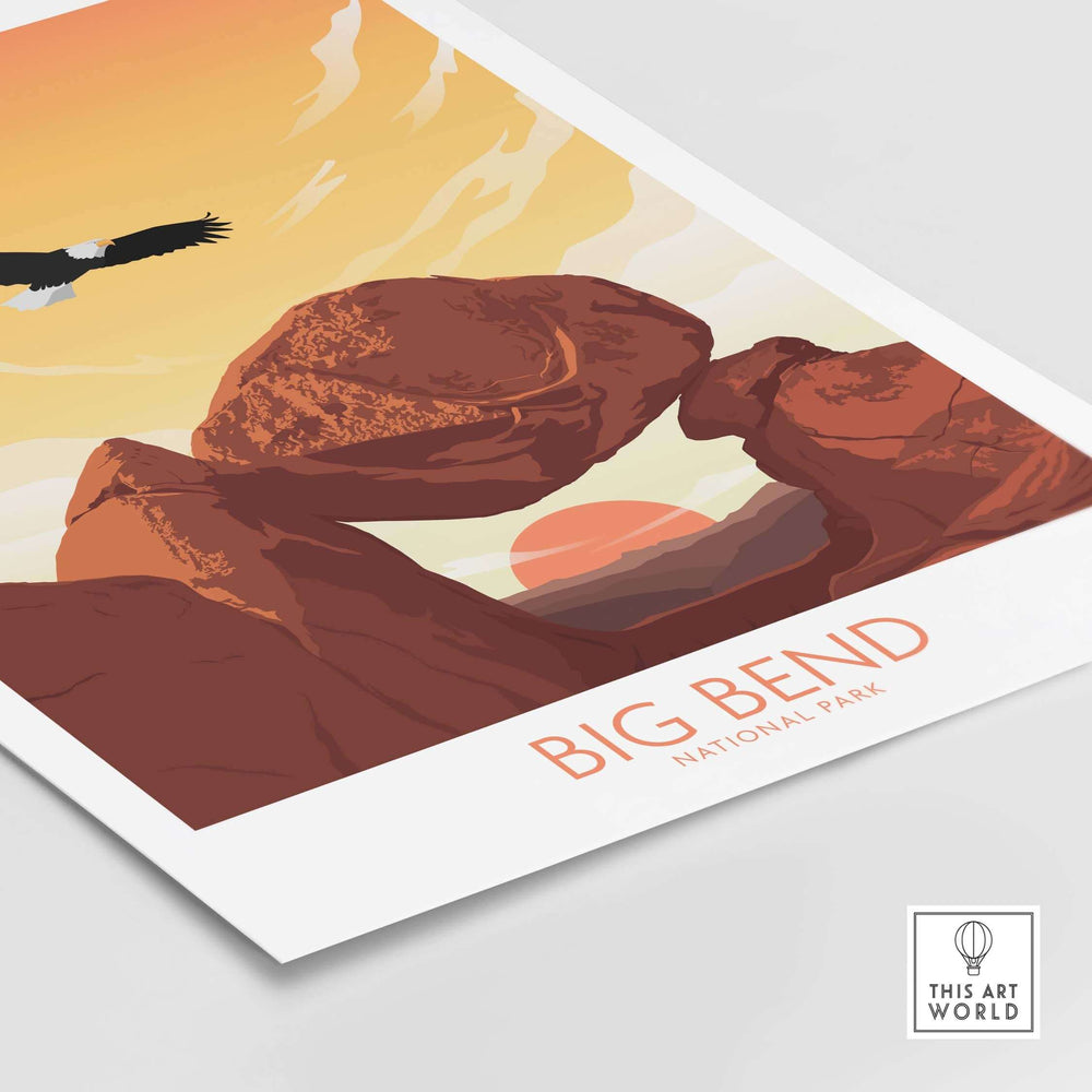 Big Bend National Park art print featuring iconic rock formations and sunset colors, perfect for home decor.