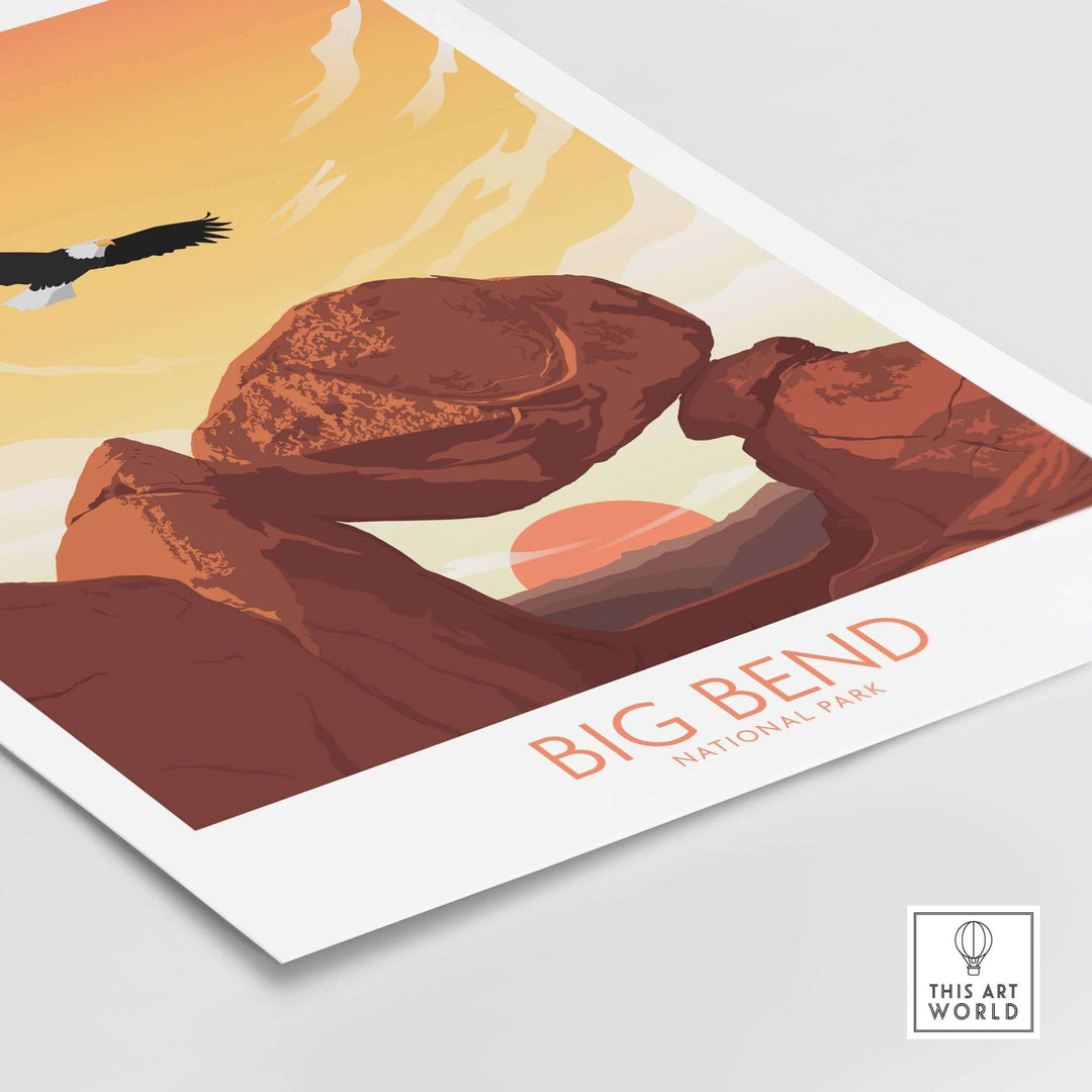 Big Bend National Park art print featuring iconic rock formations and sunset colors, perfect for home decor.