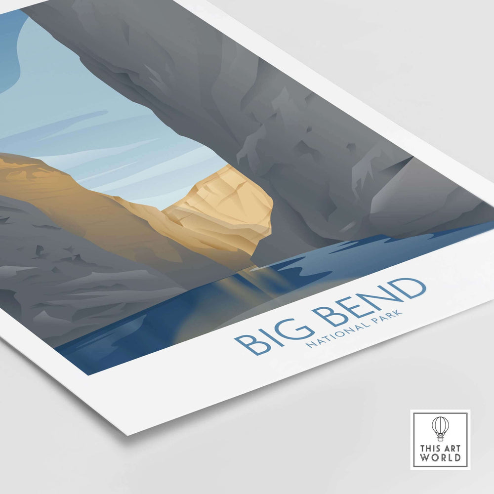 Minimalist Big Bend National Park art print featuring canyon landscape and serene water, perfect for home decor.