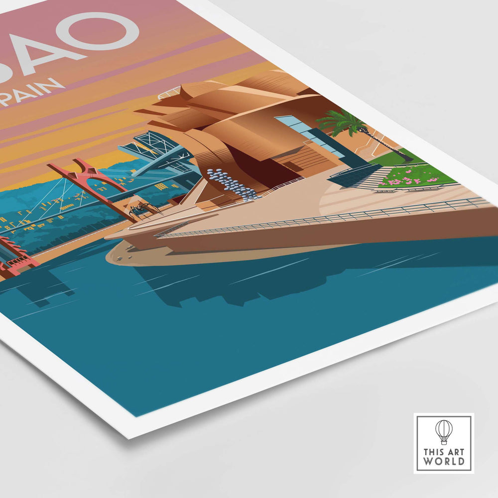 Colorful Bilbao Spain art print featuring iconic architecture and scenic waterfront in a vintage travel poster style.