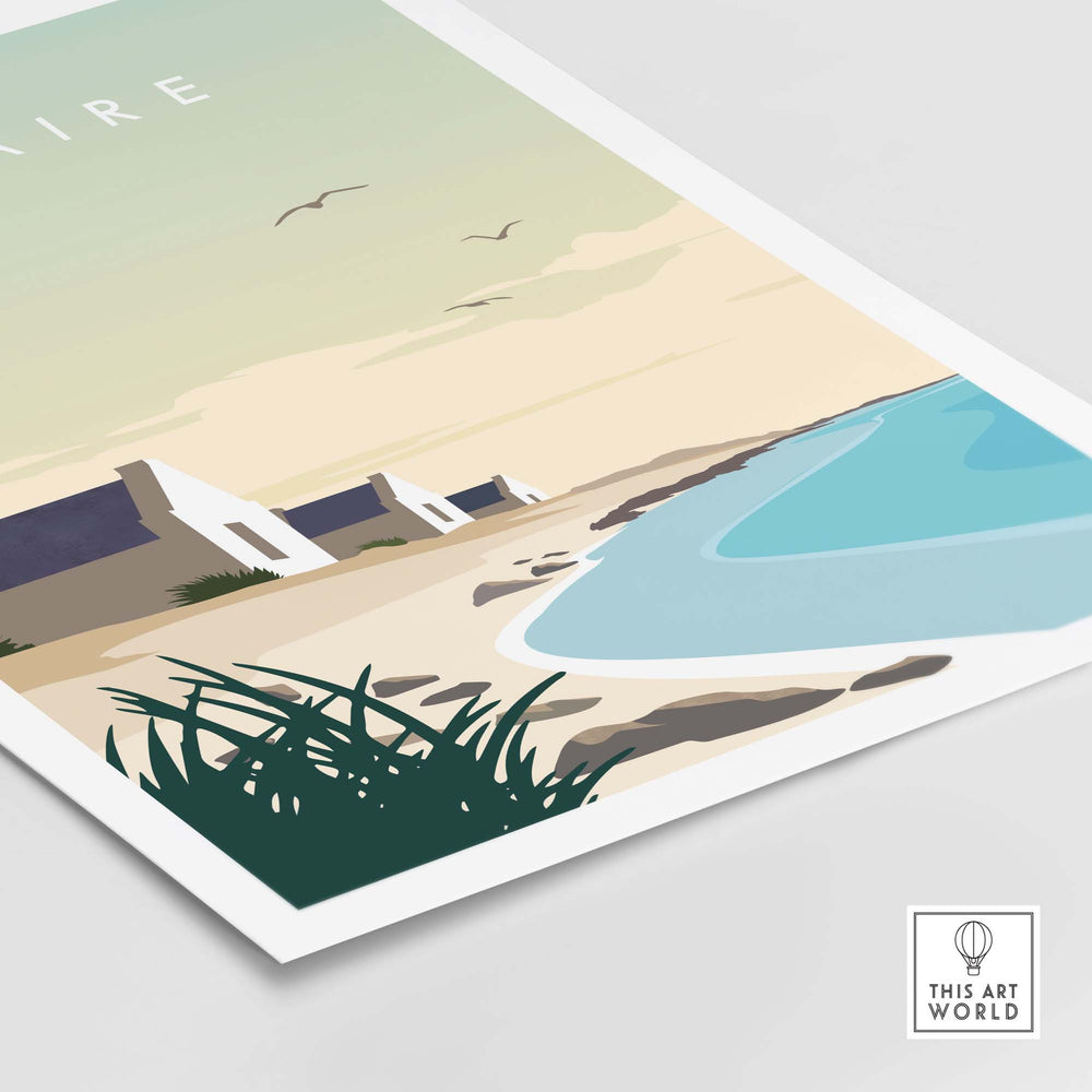 Bonaire travel poster print featuring minimalist coastal landscape and serene water, perfect for home decor.