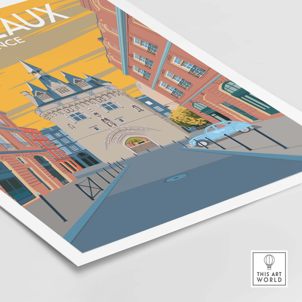 Bordeaux poster print featuring vintage-style illustration of French architecture and street scene.