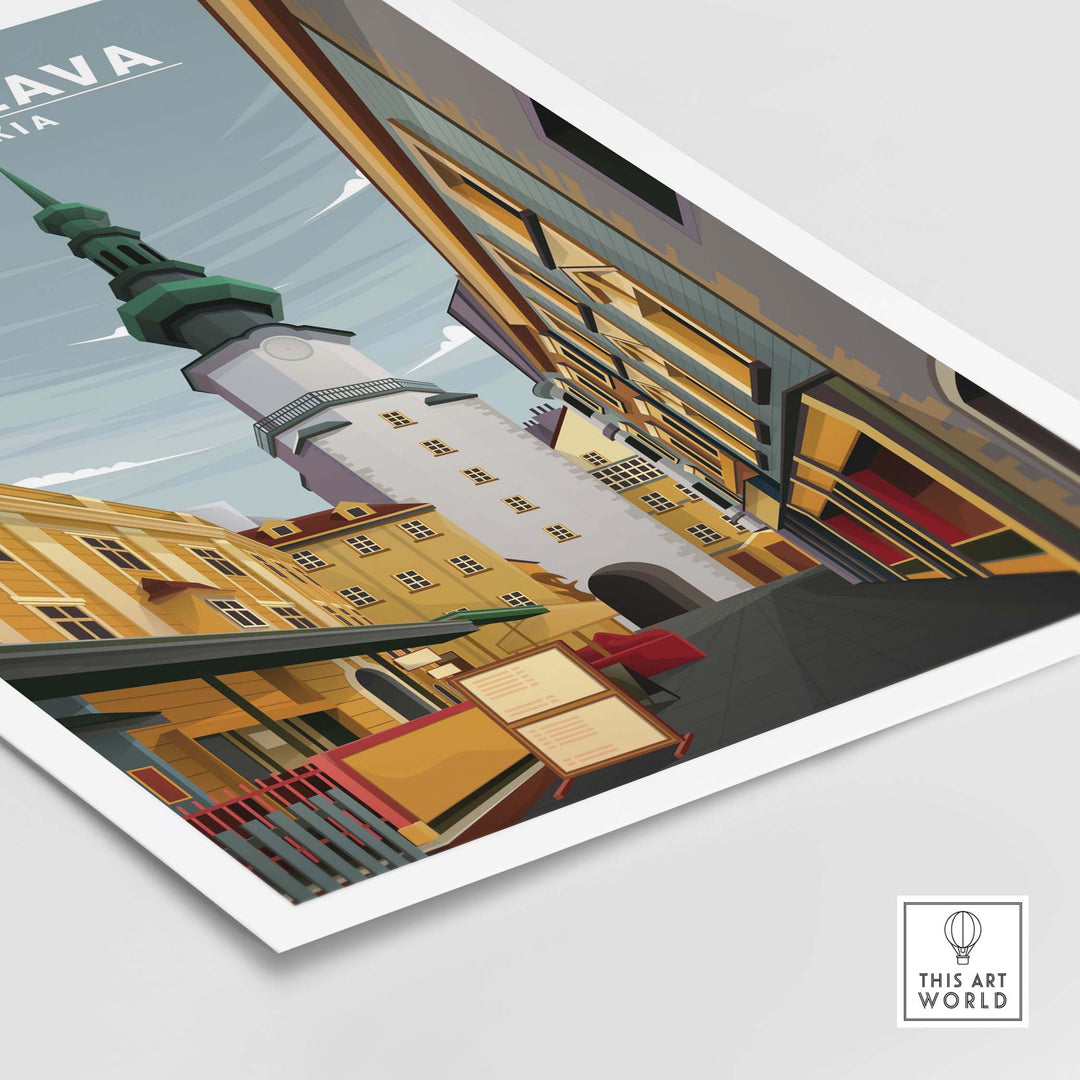 Bratislava Poster Slovakia featuring a minimalist vintage travel design of a charming city street.