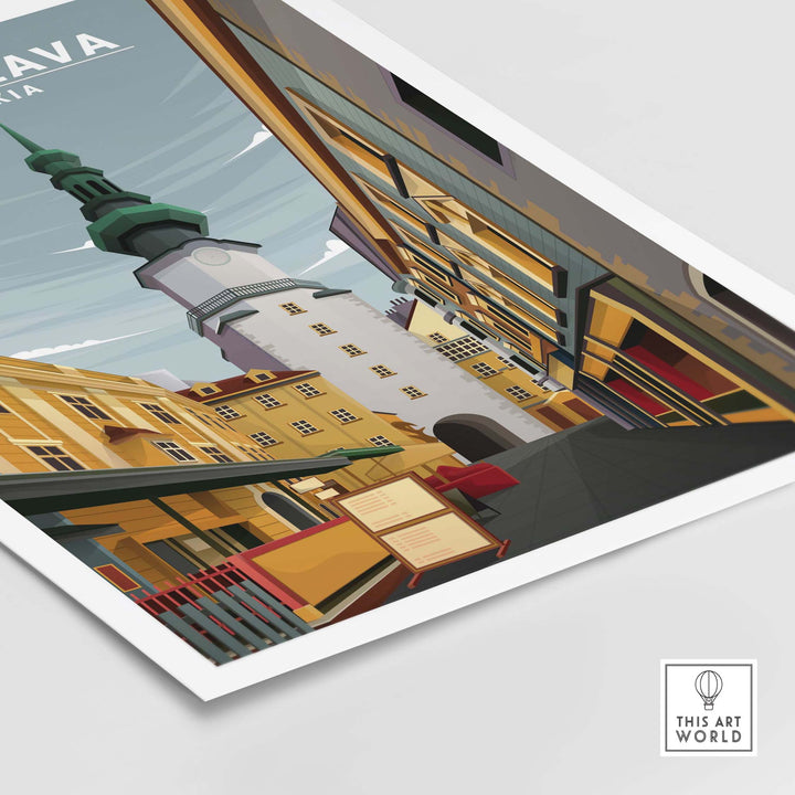 Bratislava Poster Slovakia featuring a minimalist vintage travel design of a charming city street.