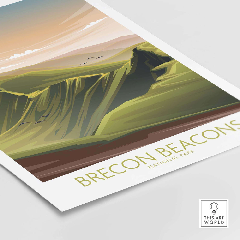 Brecon Beacons National Park poster art print featuring minimalist landscape design and vibrant green hills.