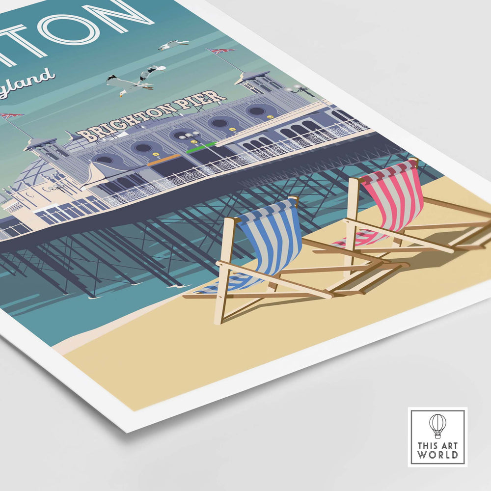 Brighton wall art print featuring Brighton Pier and deck chairs on the beach, capturing the seaside charm of England.