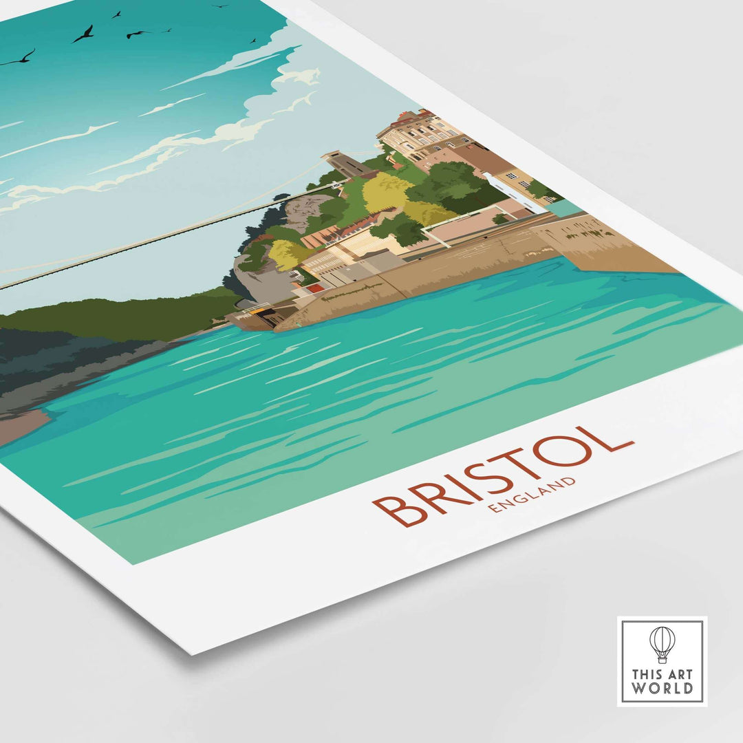 Bristol poster featuring Clifton Suspension Bridge over blue water, inspired by vintage travel art.