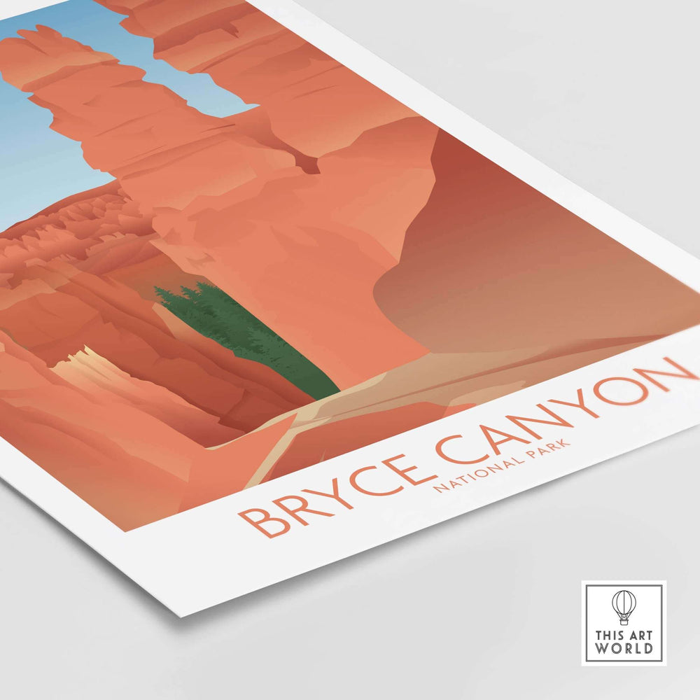 Minimalist Bryce Canyon National Park art print showcasing vibrant red rock formations and green foliage.
