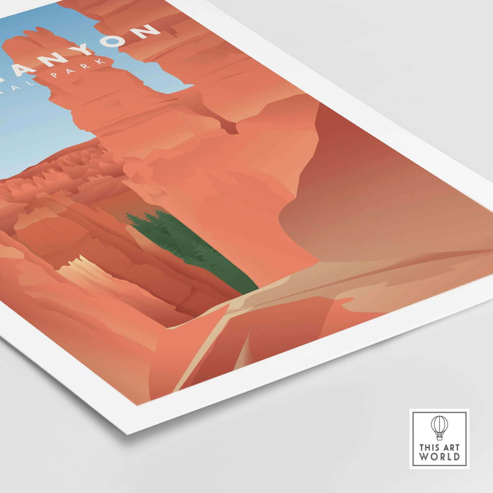Bryce Canyon National Park vintage art print showcasing colorful rock formations and lush greenery.