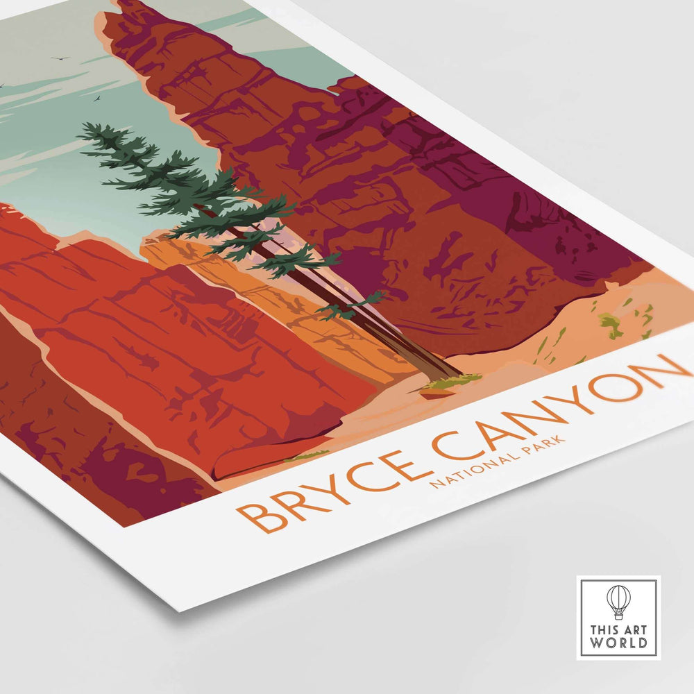 Bryce Canyon National Park poster print showcasing red rock formations and green pine trees.