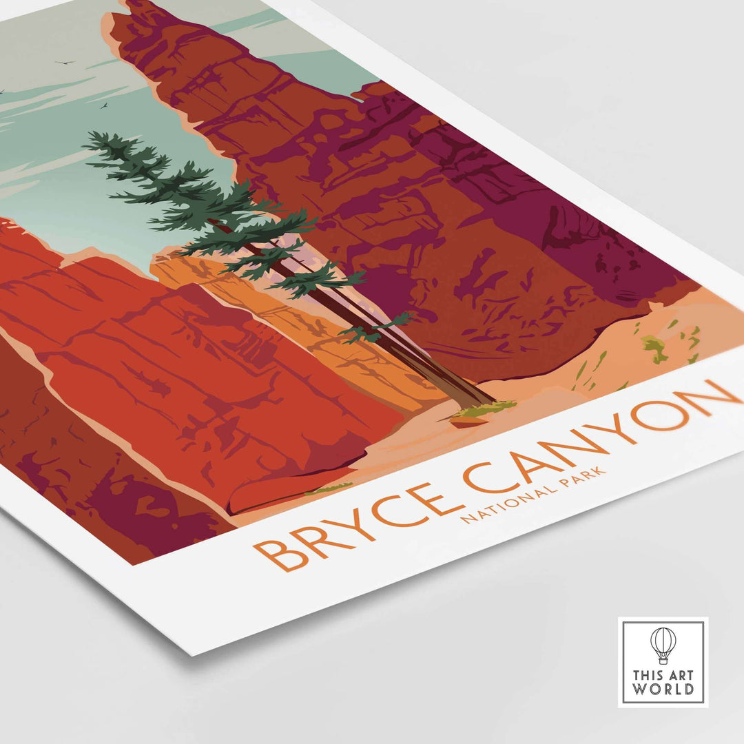 Bryce Canyon National Park poster print showcasing red rock formations and green pine trees.