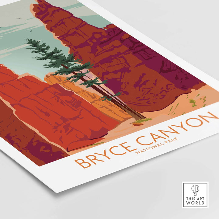 Bryce Canyon National Park poster print showcasing red rock formations and green pine trees.