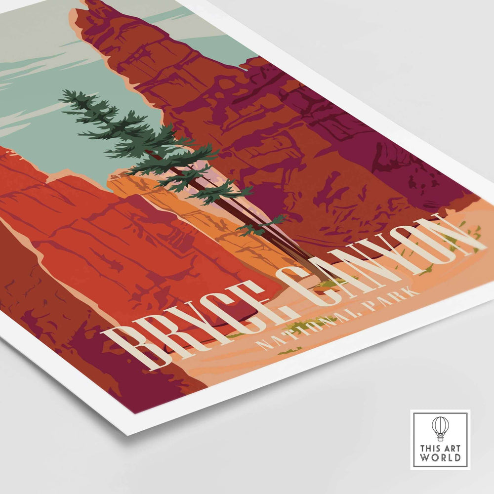 Bryce Canyon National Park print featuring vintage-style artwork with red rock formations and evergreen trees.