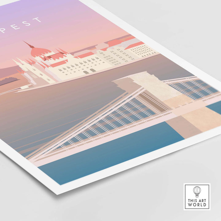 Budapest Print Wall Art Poster featuring the Danube River and iconic cityscape, vibrant colors inspired by vintage travel art.