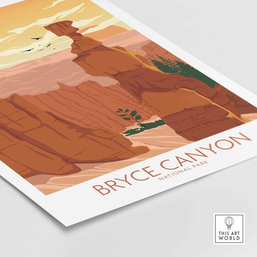 Bryce Canyon National Park poster art print featuring minimalist design with warm colors and iconic rock formations.