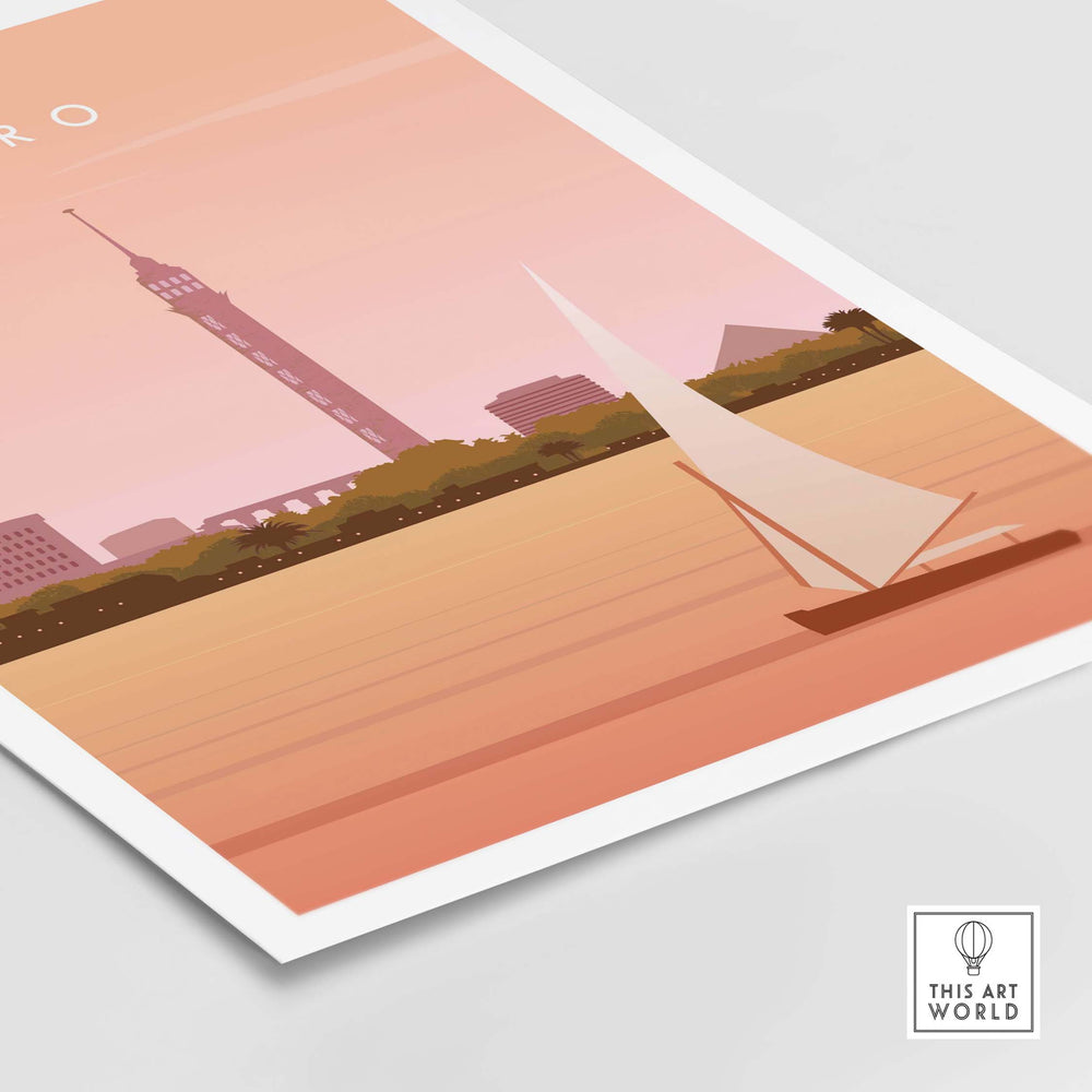 Cairo Print Wall Art Poster featuring the Nile River and iconic Cairo skyline in warm pastel colors.