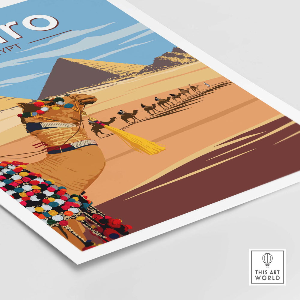 Cairo Wall Art Print featuring vibrant vintage design with pyramids and camels, capturing Egyptian travel nostalgia.