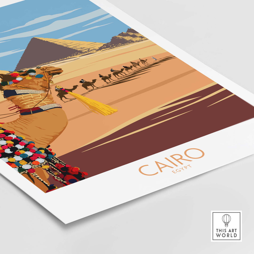 Cairo Egypt poster featuring a stylized camel and pyramids, perfect for home or office decor.