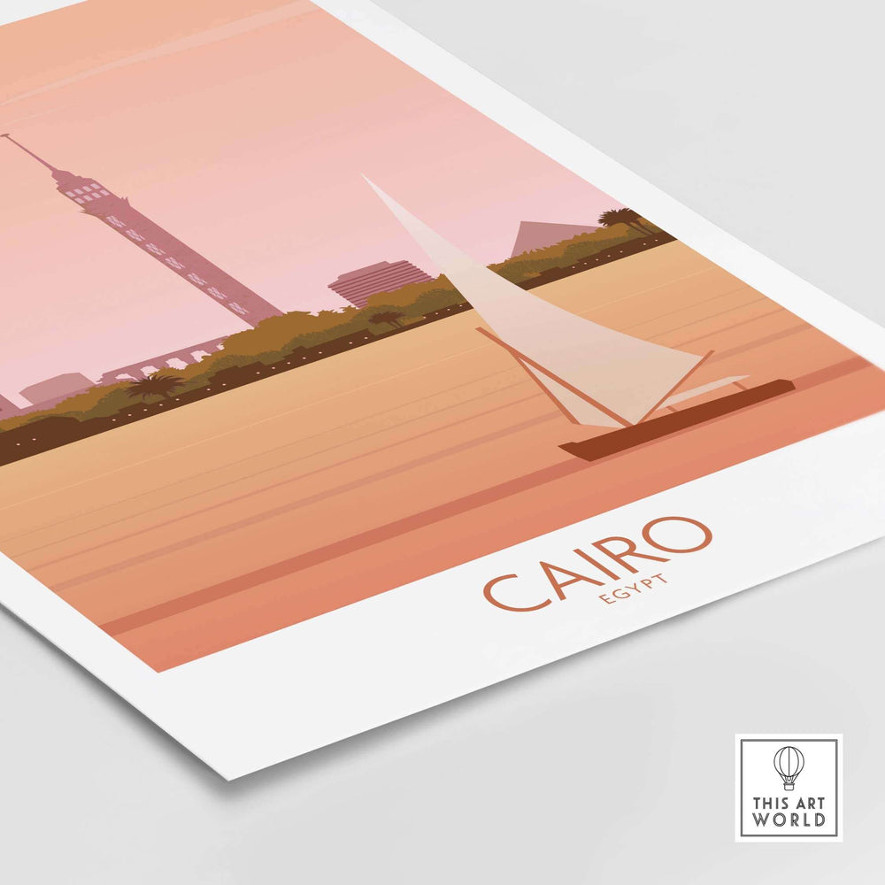 Cairo travel poster print featuring the Nile River and Cairo Tower in warm pastel colors.