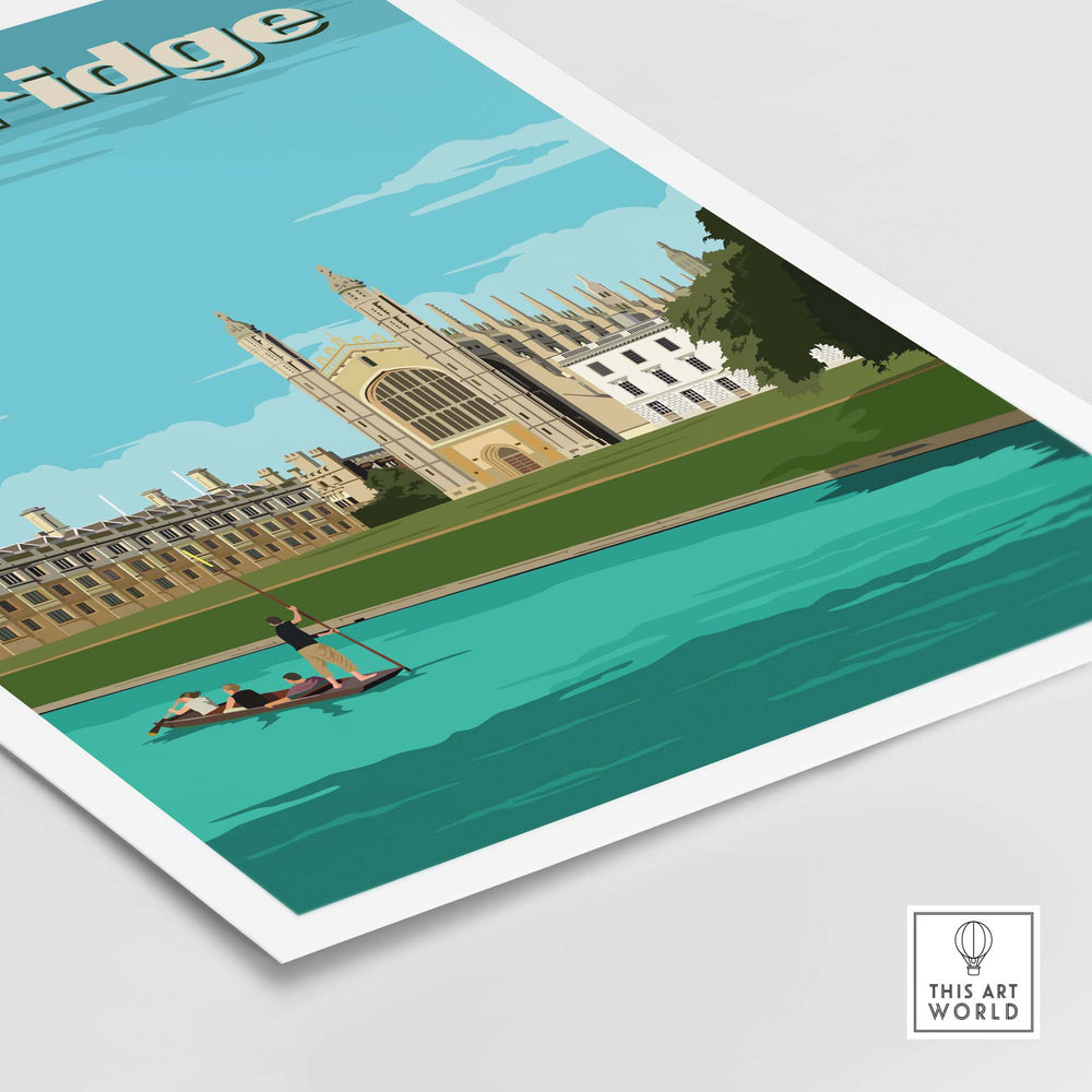Vintage Cambridge poster print featuring King's College and a river scene with a punting boat.