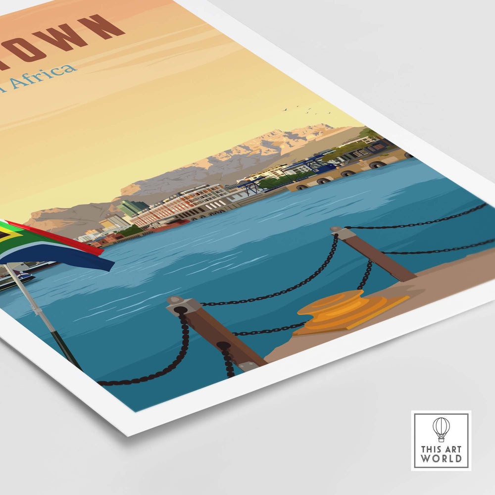 Cape Town Travel Poster Print featuring the harbor, mountains, and South African flag, minimalist vintage design.
