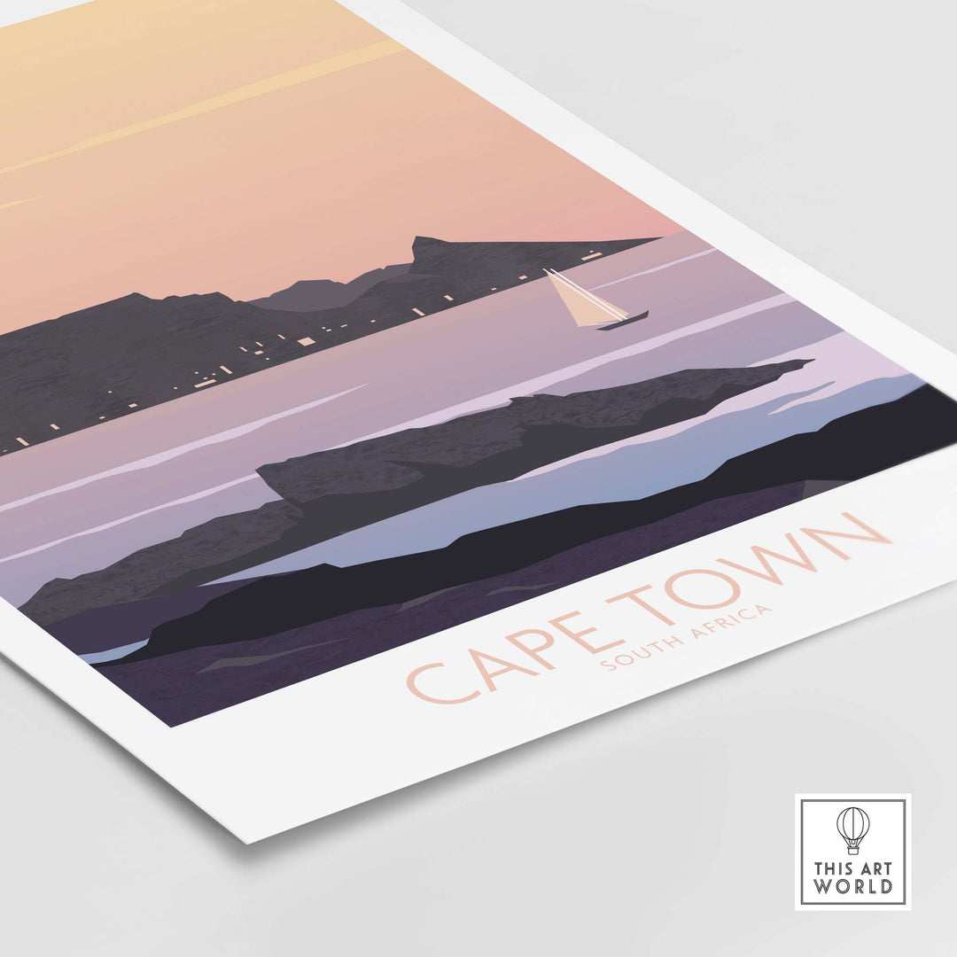 Cape Town Poster Print featuring Table Mountain and a sailboat, vintage travel art for home decor.