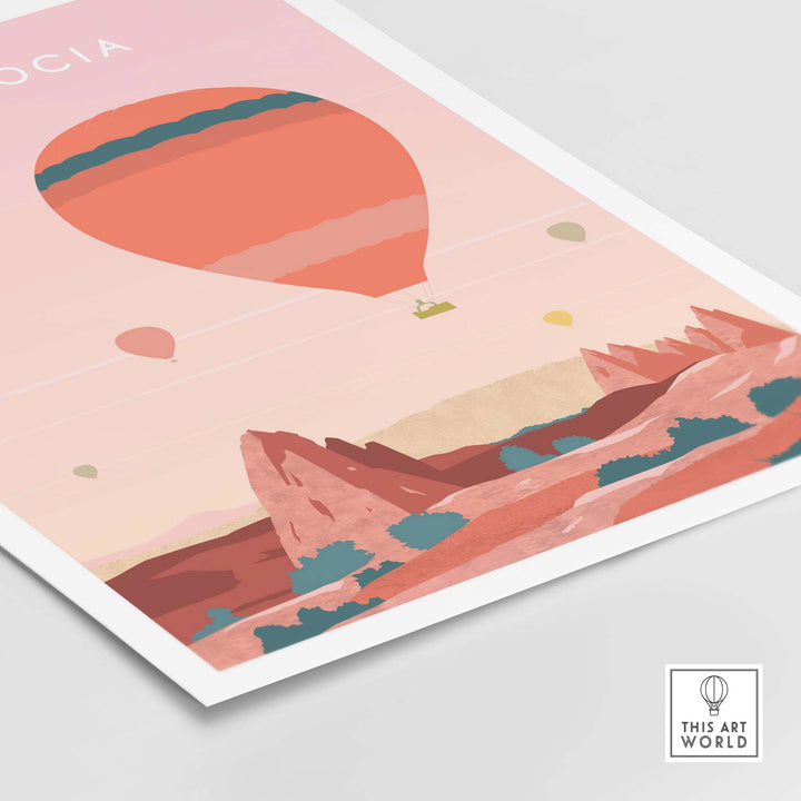 Cappadocia Print Wall Art Poster featuring colorful hot air balloons over scenic rock formations.