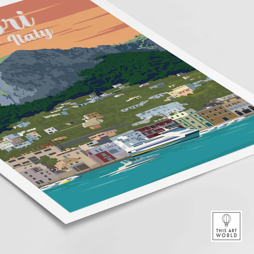 Capri Italy poster print wall art featuring a coastal landscape with vibrant colors and vintage travel poster style.