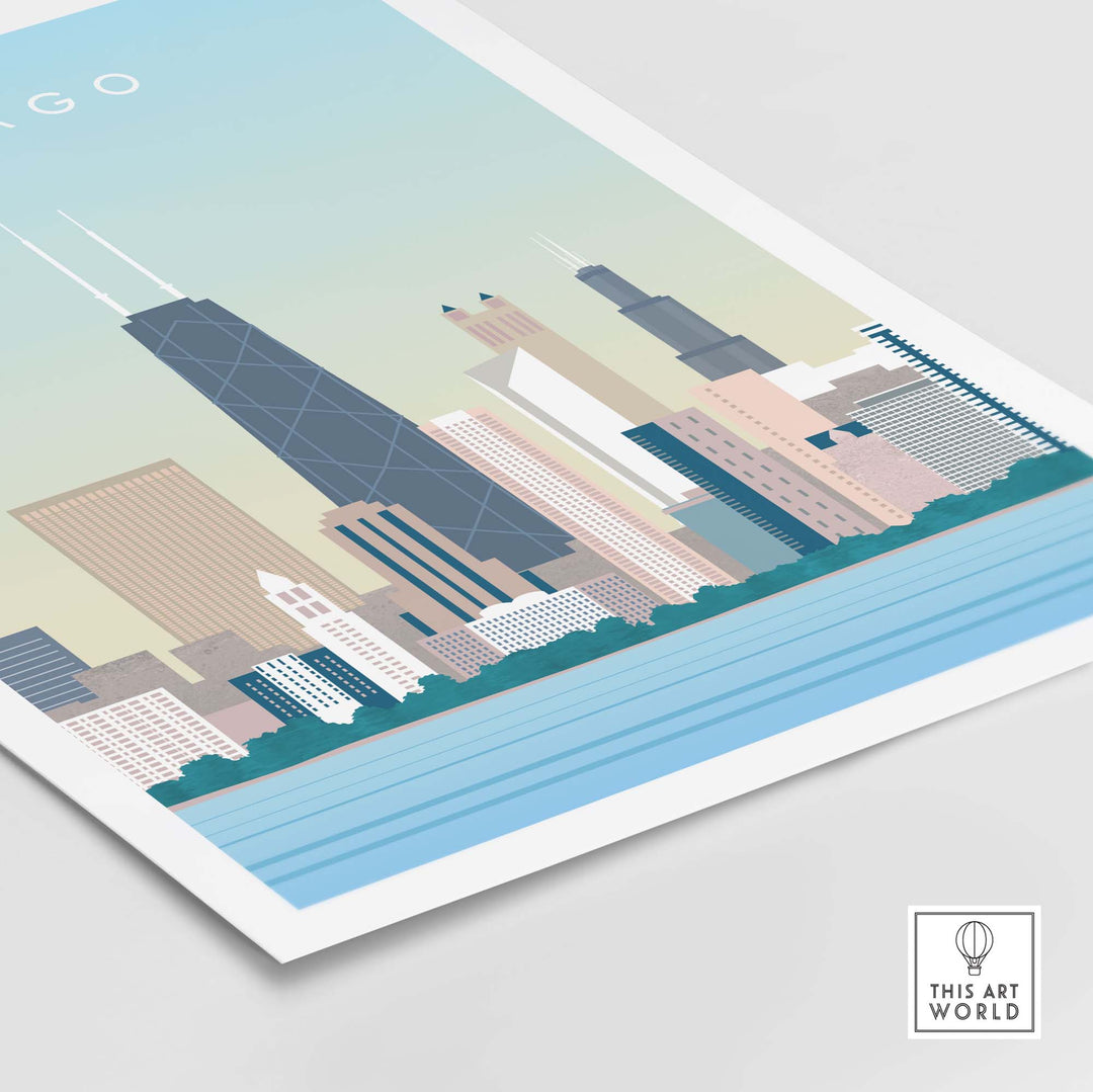 Chicago skyline wall art poster featuring a vintage-inspired design and vibrant colors for stylish home decor.