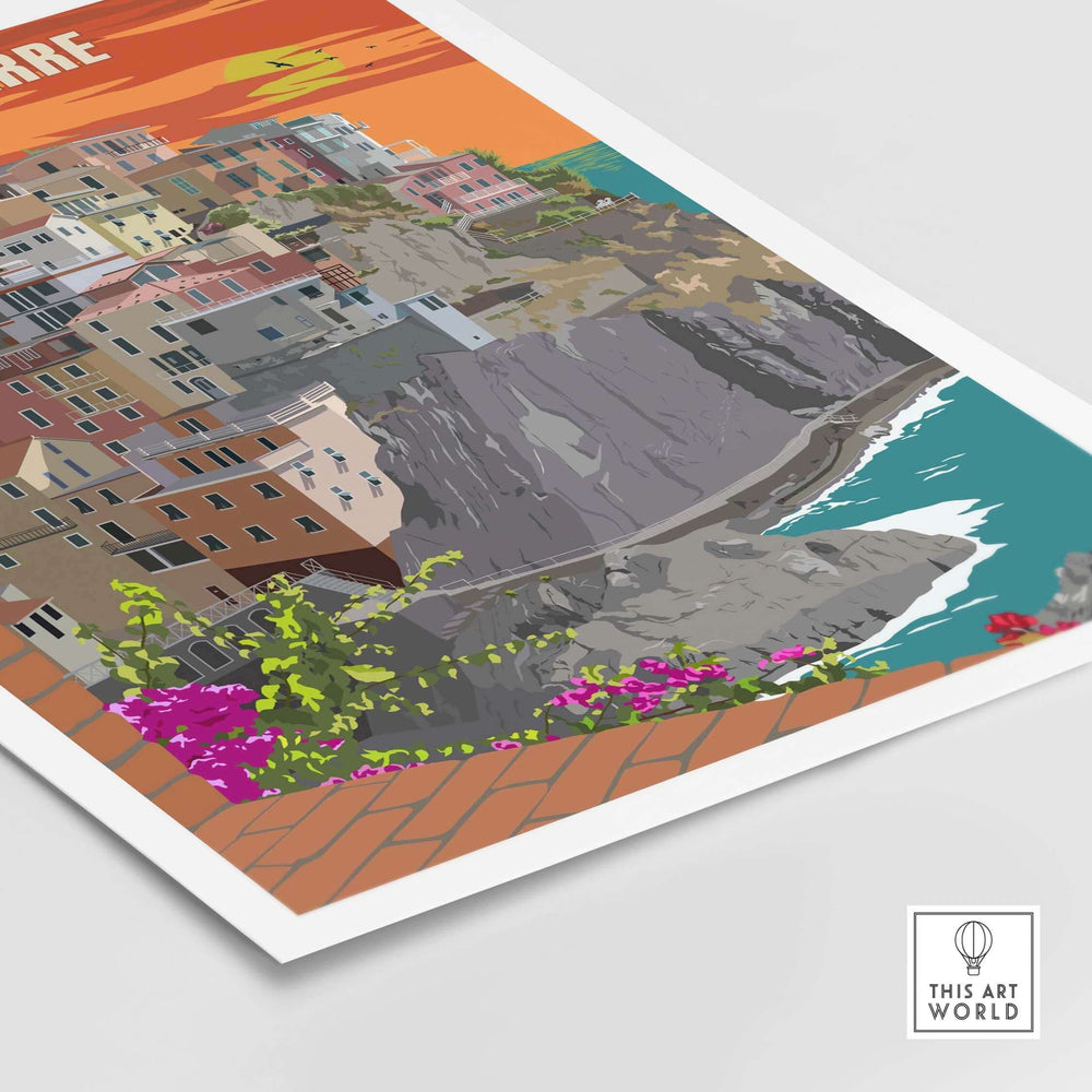 Cinque Terre Italy vintage travel poster print featuring colorful coastal village and sunset decor for home or office.