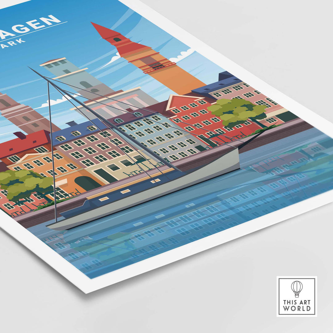 Copenhagen Print artwork featuring colorful buildings, sailboat, and water, inspired by vintage travel posters.