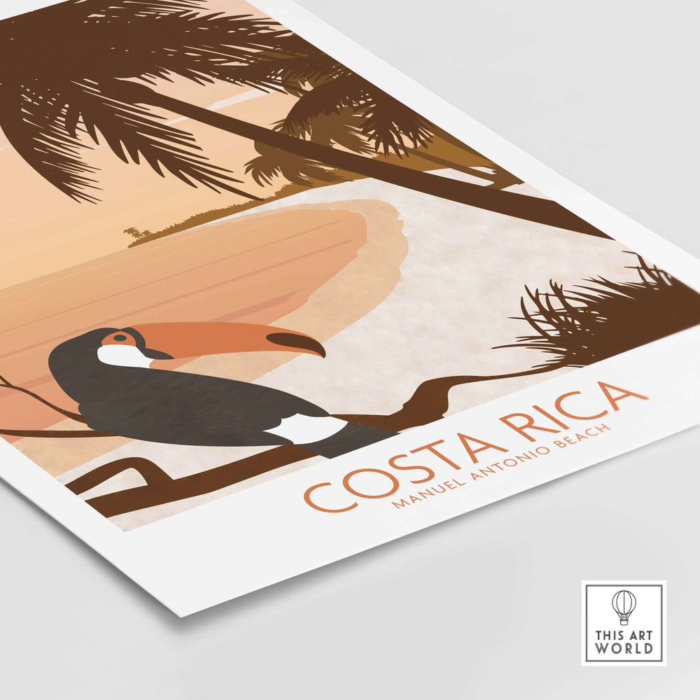 Costa Rica print poster featuring a toucan and tropical beach, inspired by vintage travel art for home decor.