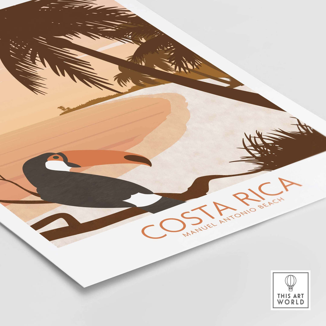 Costa Rica print poster featuring a toucan and tropical beach, inspired by vintage travel art for home decor.