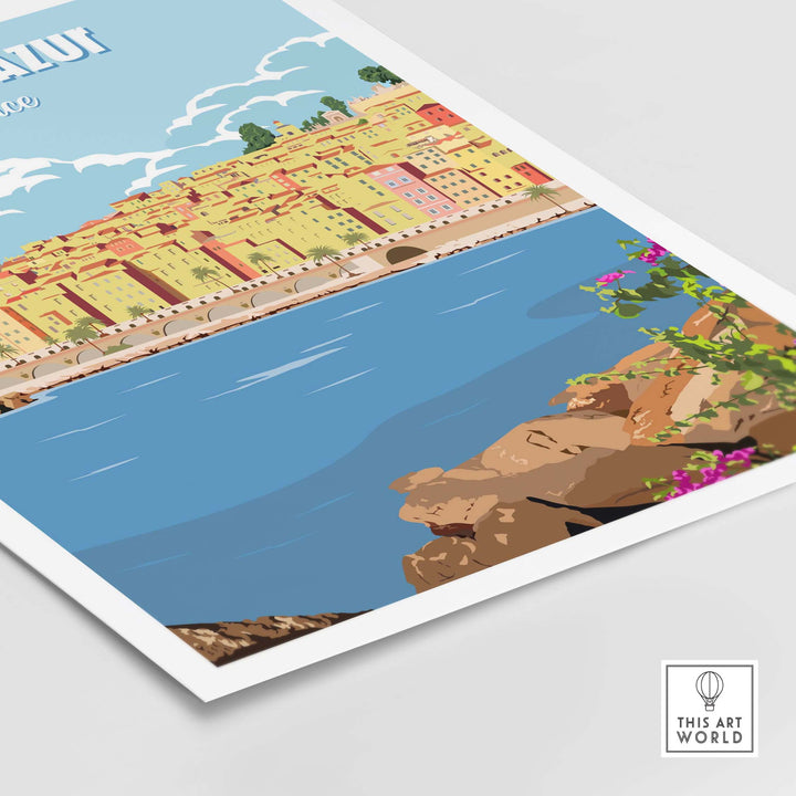 Cote d'Azur Poster Print showcasing vibrant coastal scenery and vintage travel art style.