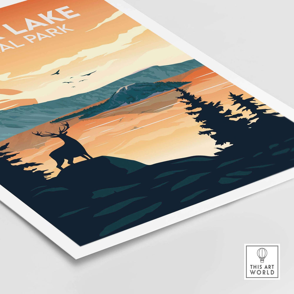 Crater Lake National Park poster featuring a deer silhouette against a sunset landscape in minimalist style.
