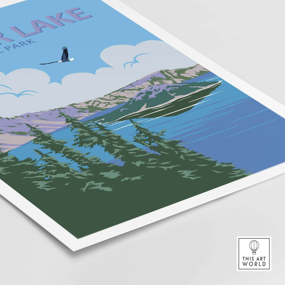 Vintage-style Crater Lake National Park Print featuring mountains, lake, and forests, perfect for home or office decor.