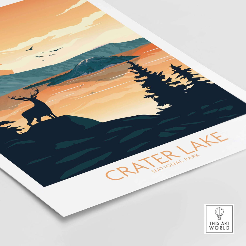 Crater Lake National Park poster art print featuring minimalist design with deer and serene landscape at sunset.